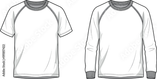 Raglan sleeve t shirt and sweatshirt technical fashion illustration set, short and long sleeve apparel template front views
