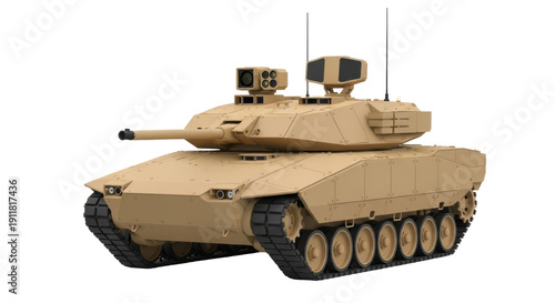 Tan military tank PNG isolated on transparent background, modern army vehicle for defense and combat operations, armored warfare