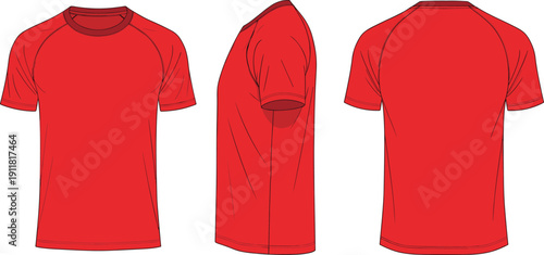 Red raglan t shirt mockup vector template, front side and back view, blank athletic tee design illustration