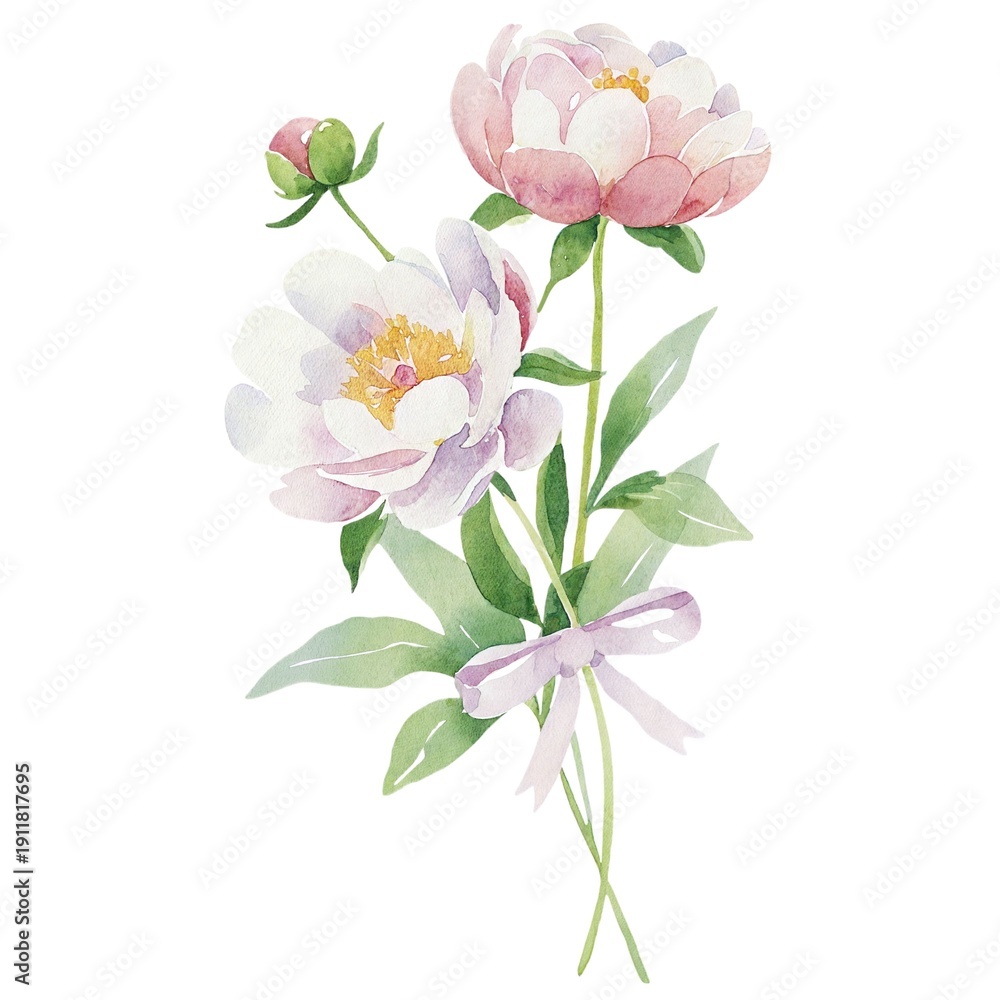 Fototapeta premium Watercolor pastel peony bouquet with ribbon on white