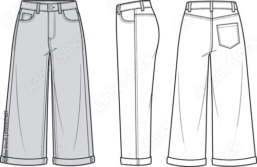 Wide leg jeans mockup vector template, front side and back view, high waist denim pants outline illustration