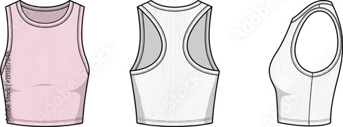 Women ribbed athletic tank top technical fashion illustration set, front back side views, sleeveless sportswear garment vector template