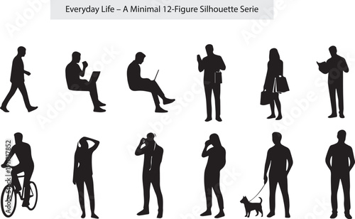 Minimalist black silhouette figures depicting common daily activities and urban lifestyle scenes.