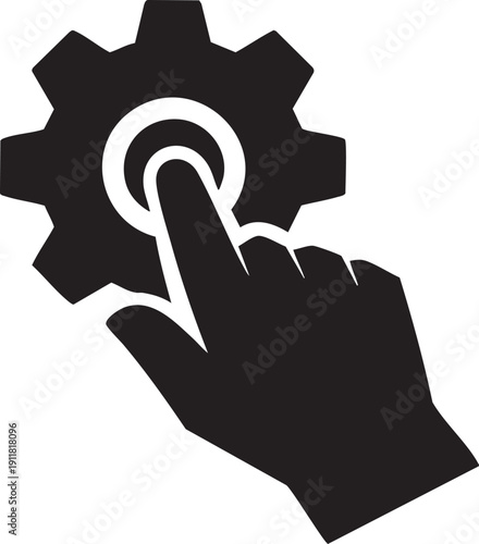 Hand touching gear settings icon, configuration control system preferences symbol interface vector illustration design concept