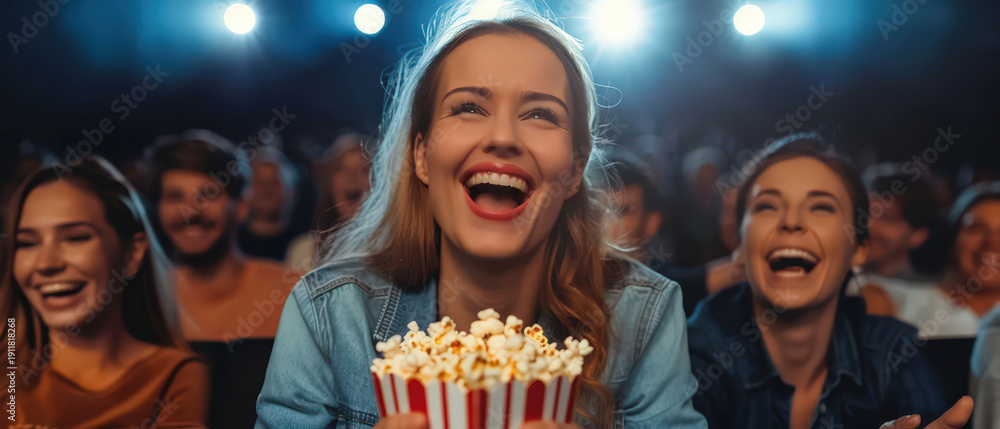 Fototapeta premium Young woman bursts into laughter while watching a comedy in a packed cinema, enjoying popcorn under dramatic theater lighting.