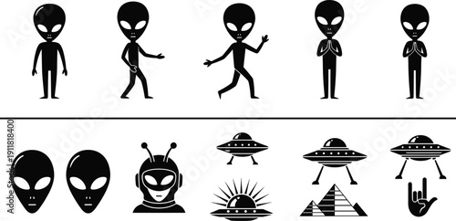 Alien silhouettes and UFO collection, extraterrestrial character poses, flying saucer icons, sci fi black vector illustration set