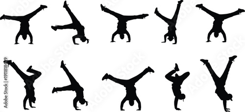 Breakdance handstand silhouettes collection, hip hop dancers performing acrobatic moves isolated on white background illustration set