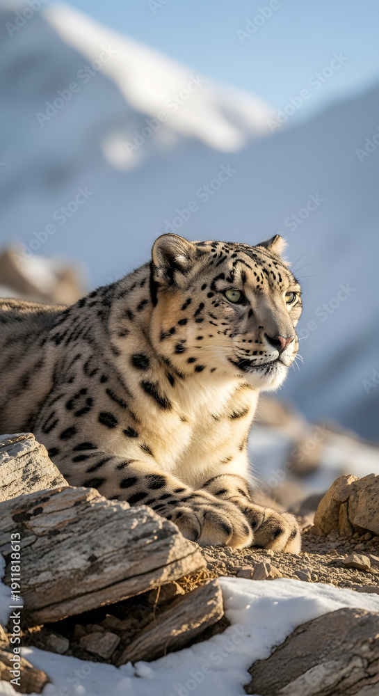 Fototapeta premium A majestic snow leopard rests on sunlit rocks in a snowy mountain landscape, its gaze fixed on the horizon.