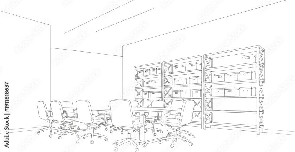 Fototapeta premium Conference room interior with long meeting table, office chairs and storage shelves line art vector illustration