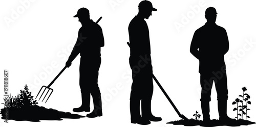 Silhouette gardeners cultivating plants, agriculture growth stages illustration, farming process artwork, soil cultivation concept, human involvement in gardening development artwork