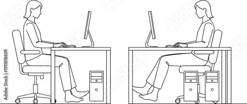 Office workers sitting at desks using desktop computers side view line art vector illustrationOffice workers sitting at desks using desktop computers side view line art vector illustration