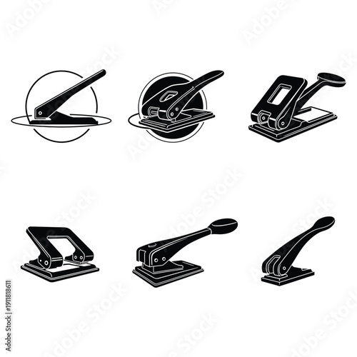 Collection of hole punch office tools in various views and angles on a flat surface