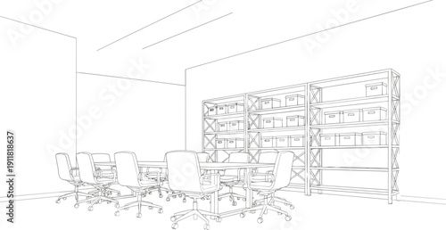 Conference room interior with long meeting table, office chairs and storage shelves line art vector illustration