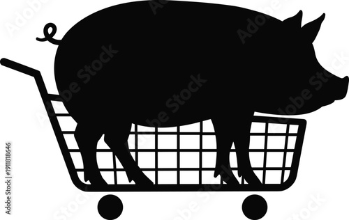 Silhouette pig inside shopping cart, humorous farm animal illustration, consumerism concept artwork, food industry metaphor, creative animal artwork design