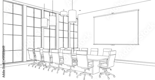 Modern conference room interior with presentation screen, large windows and meeting table line art vector illustration