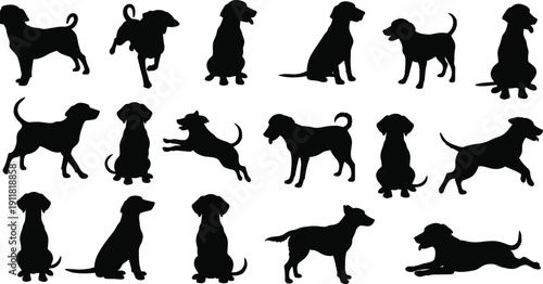 Collection of dog silhouettes in various poses, standing sitting jumping lying down, animal diversity illustration, pet behavior artwork, canine concept