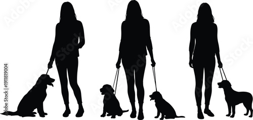 Silhouette people with dogs on leashes, pet owners walking companions, animal size comparison, dog breed diversity, family bond illustration artwork