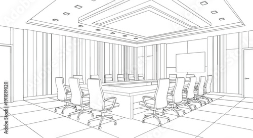 Modern corporate conference room interior with large meeting table and executive chairs line art vector illustration