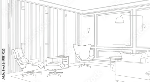 Elegant modern living room interior with lounge chair, ottoman and decorative wall panels line art vector illustration