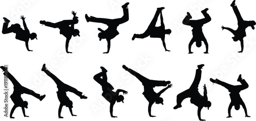 Breakdance silhouettes set with men performing hip hop dance moves and handstands black vector illustration isolated on white