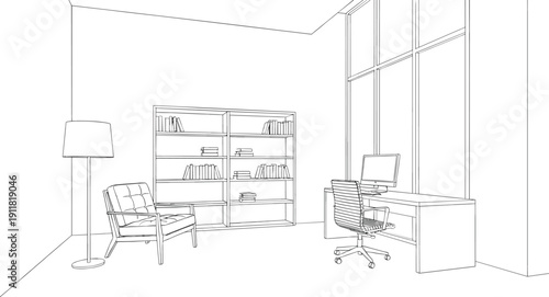 Minimal home office interior with desk, computer, bookshelf and armchair line art vector illustration