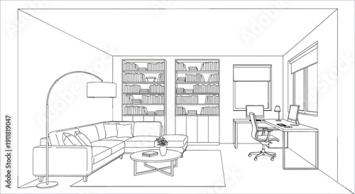 Modern home office and living room interior with sofa, desk and bookshelf line art vector illustration