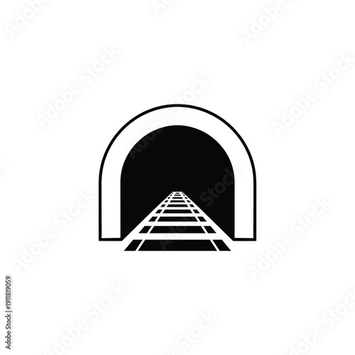 Railway tracks converging into a tunnel entrance with arched doorway illustration