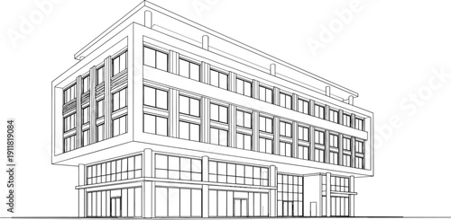 Modern commercial office building exterior perspective with glass facade line art vector illustration