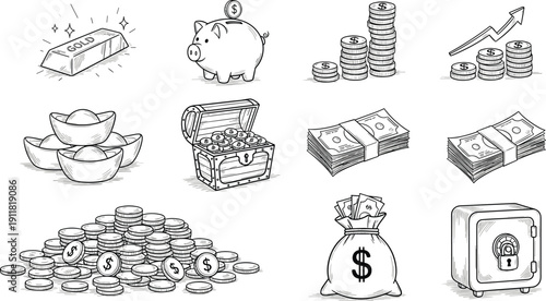 Finance and wealth doodle vector set with gold, cash stacks, coins, safe and piggy bank illustrations