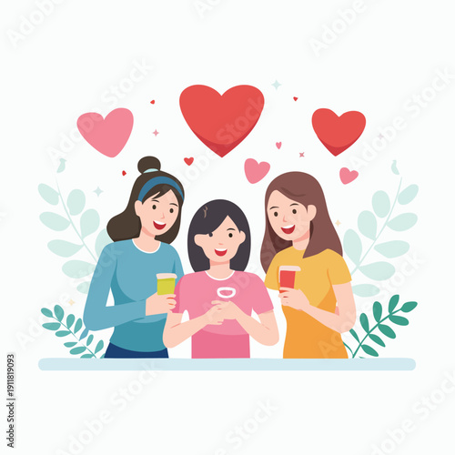 Cheerful female friends sharing a heartwarming moment of togetherness, surrounded by floating hearts and green leaves, symbolizing deep affection, strong bonds, and joy