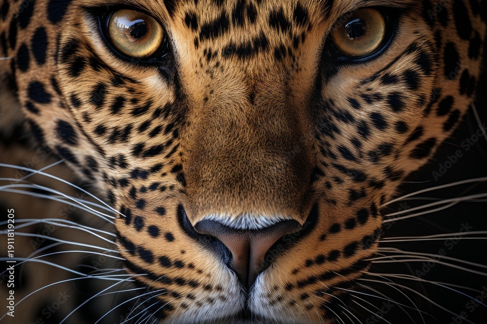 Fototapeta premium Leopard face showing intricate details of fur, spots, whiskers, and intense golden eyes