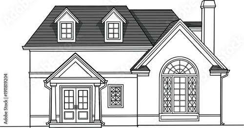Classic suburban house exterior with arched window, chimney and front porch line art vector illustration