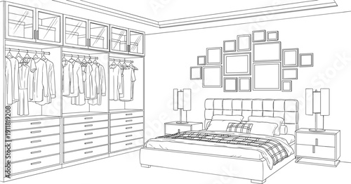Modern bedroom interior with walk in closet, bed and decorative wall frames line art vector illustration