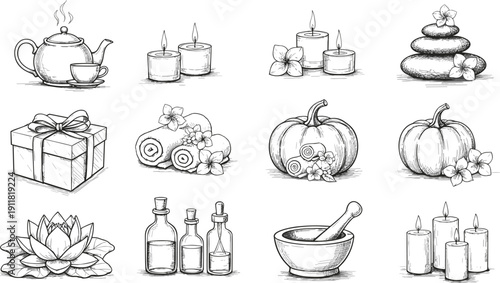 Spa and wellness doodle vector set with candles, pumpkin, lotus flower and aromatherapy elementsSpa and wellness doodle vector set with candles, pumpkin, lotus flower and aromatherapy elements