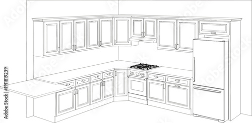 Modern L shaped kitchen interior with cabinets, stove and refrigerator line art vector illustrationModern L shaped kitchen interior with cabinets, stove and refrigerator line art vector illustration