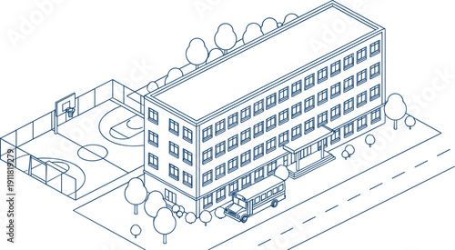 Isometric school building exterior with basketball court and school bus line art vector illustrationIsometric school building exterior with basketball court and school bus line art vector illustration