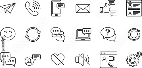 Communication Line Icon Set with Chat Phone Email Feedback Support and Social Interaction SymbolsCommunication Line Icon Set with Chat Phone Email Feedback Support and Social Interaction Symbols