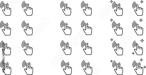 Touch gesture tap icons set with hand pressing wireless signal buttons line art vector illustrationTouch gesture tap icons set with hand pressing wireless signal buttons line art vector illustration