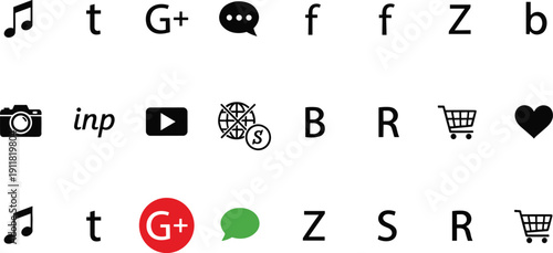 Social media and web platform icons set including music, chat, shopping and camera symbolsSocial media and web platform icons set including music, chat, shopping and camera symbols