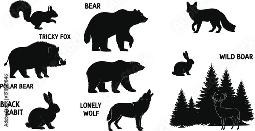 Wild Forest Animal Silhouette Set with Bear Wolf Fox Boar Rabbit and Woodland Nature Elements
