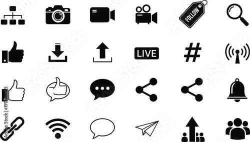  Social Media and Digital Interaction Solid Icon Set with Like Share Live Follow Upload and Notification Symbols