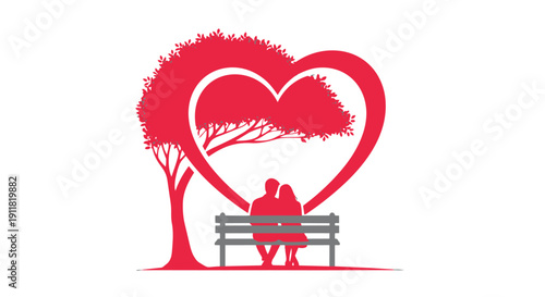 Couple sitting on bench with heart shaped tree silhouette