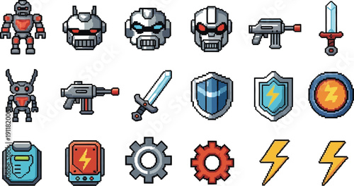 Collection of detailed pixel art assets featuring robotic characters futuristic weaponry armor icons and various game interface elements