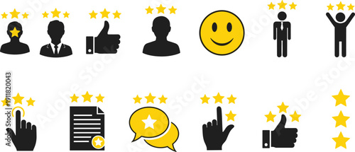 Customer feedback and five star rating icons collection with review symbols, satisfaction smiley and approval gestures