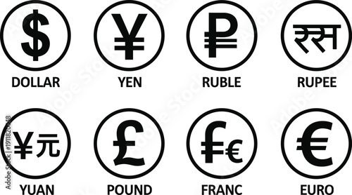 Set of global currency symbols icons including dollar, yen, ruble, rupee, yuan, pound, franc and euro in circle frames