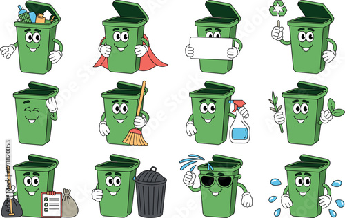 Set of cute green recycle bin character mascot with various poses including super hero cleaning and holding sign for ecology.