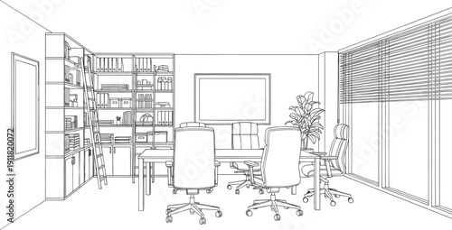 Modern office meeting room interior line art vector illustration with conference table, chairs, bookshelf and large windows