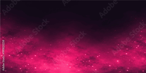 An abstract red galaxy nebula glows with dark night sky stars and glowing pink particles in a cosmic universe design illustration