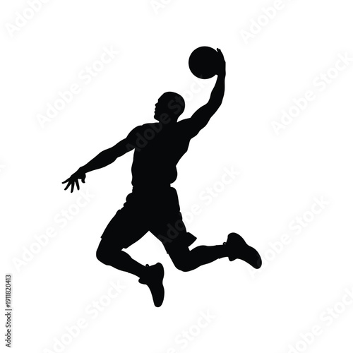 Silhouette of a basketball player jumping to dunk the ball in mid-air, showcasing athleticism and dynamic movement in a sports illustration