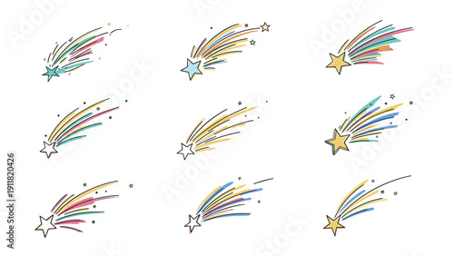 Collection of nine colorful shooting stars and comets with trailing paths across the sky captures a sense of wonder and cosmic magic.